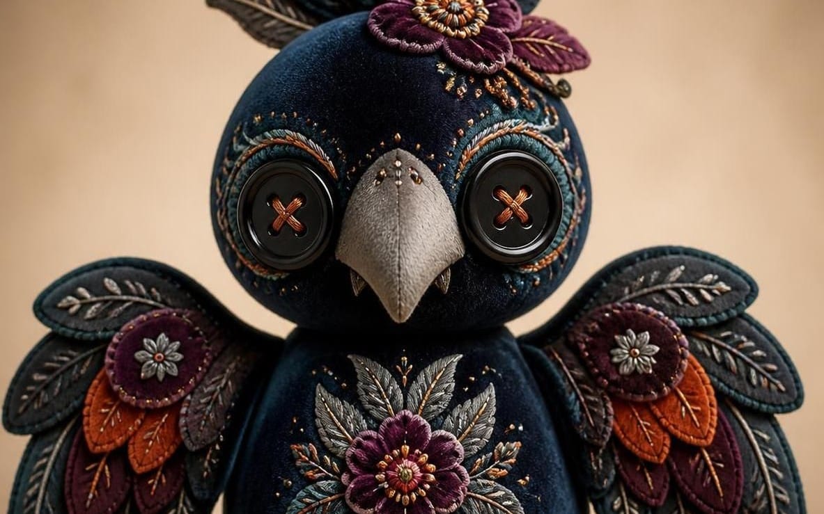 Stylized owl plush toy design with embroidered flowers and button eyes in dark velvet wraith style