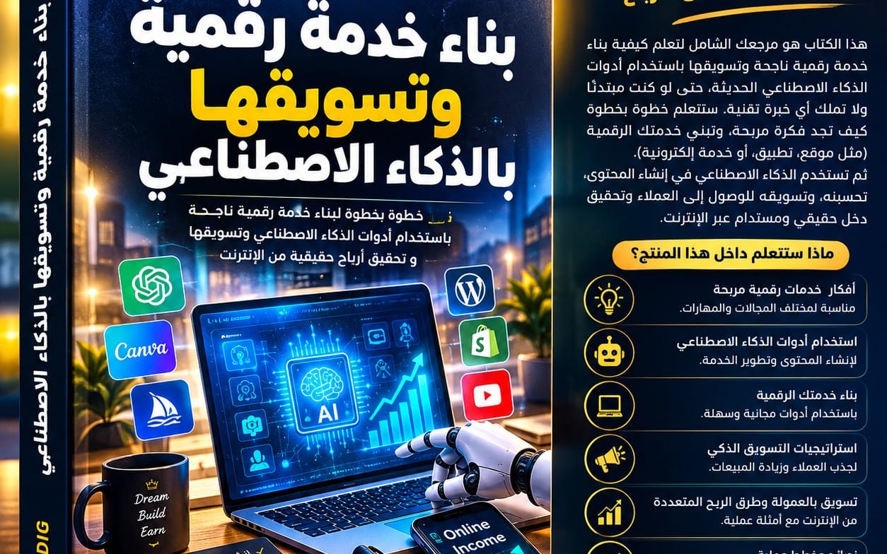 تصميم غلاف لكتاب رقمي يشرح بناء خدمة رقمية وتسويقها بالذكاء الاصطناعي مع كمبيوتر وأيقونات أدوات