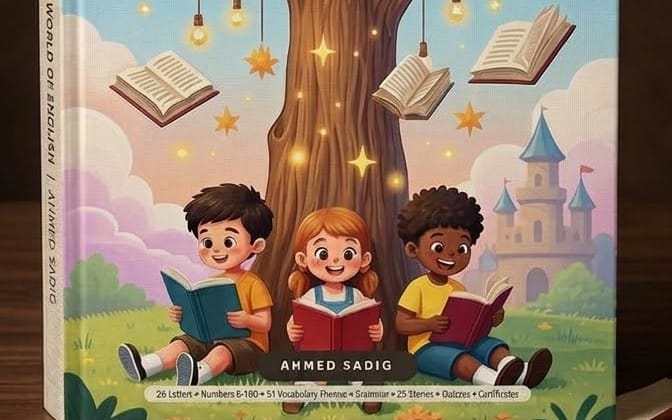 Children’s English learning book cover with three kids reading spellbook pages in a magical sky town setting