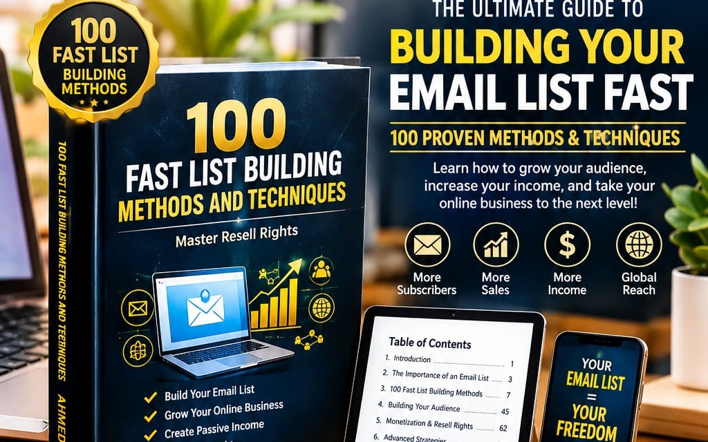 Promotional thumbnail for a PDF guide about building an email list fast, showing cover text and marketing graphics