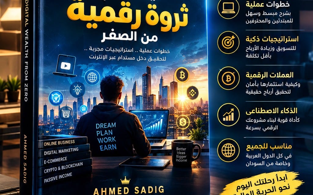 غلاف دورة رقمية بعنوان ترويج ثروة من الصفر مع أيقونات عمل واستثمار وواجهة مدينة وشخص أمام لابتوب