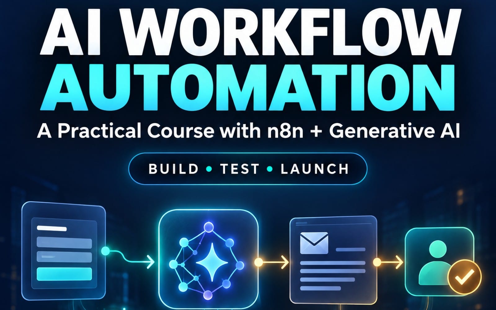 AI workflow automation course banner with neon icons and text Build Test Launch