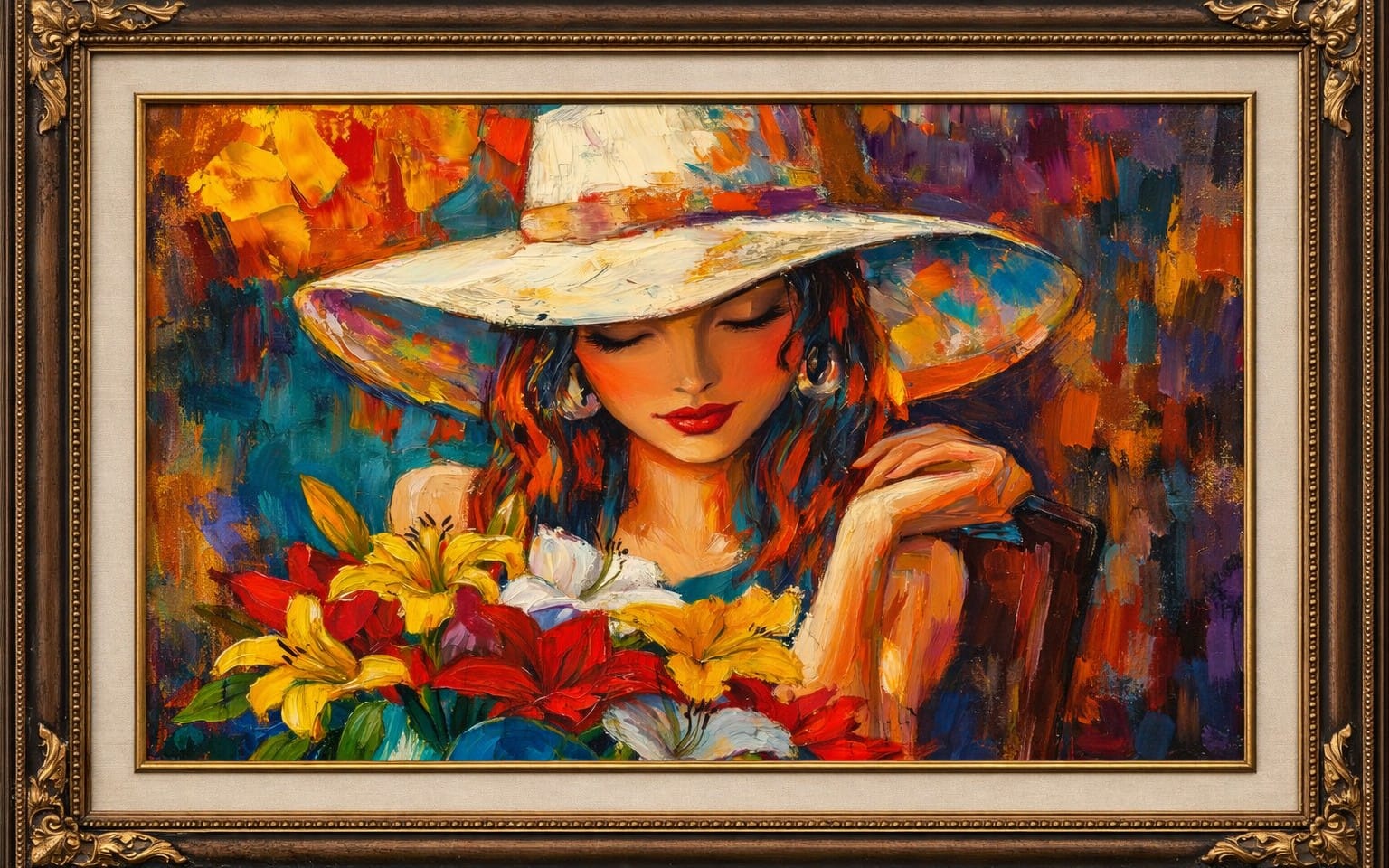 “Golden Serenity: Woman with Hat and Blooms”