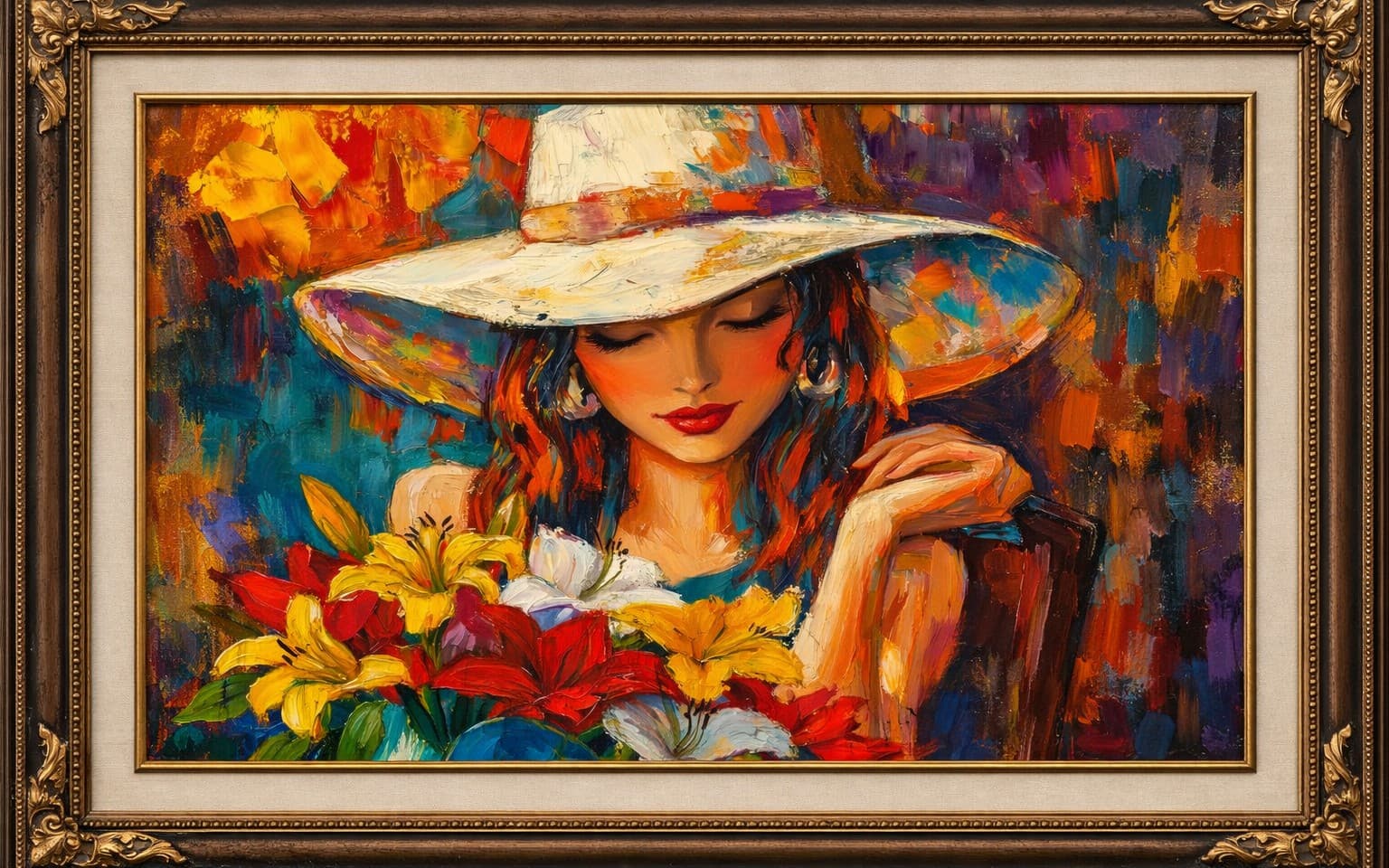 “Golden Serenity: Woman with Hat and Blooms”
