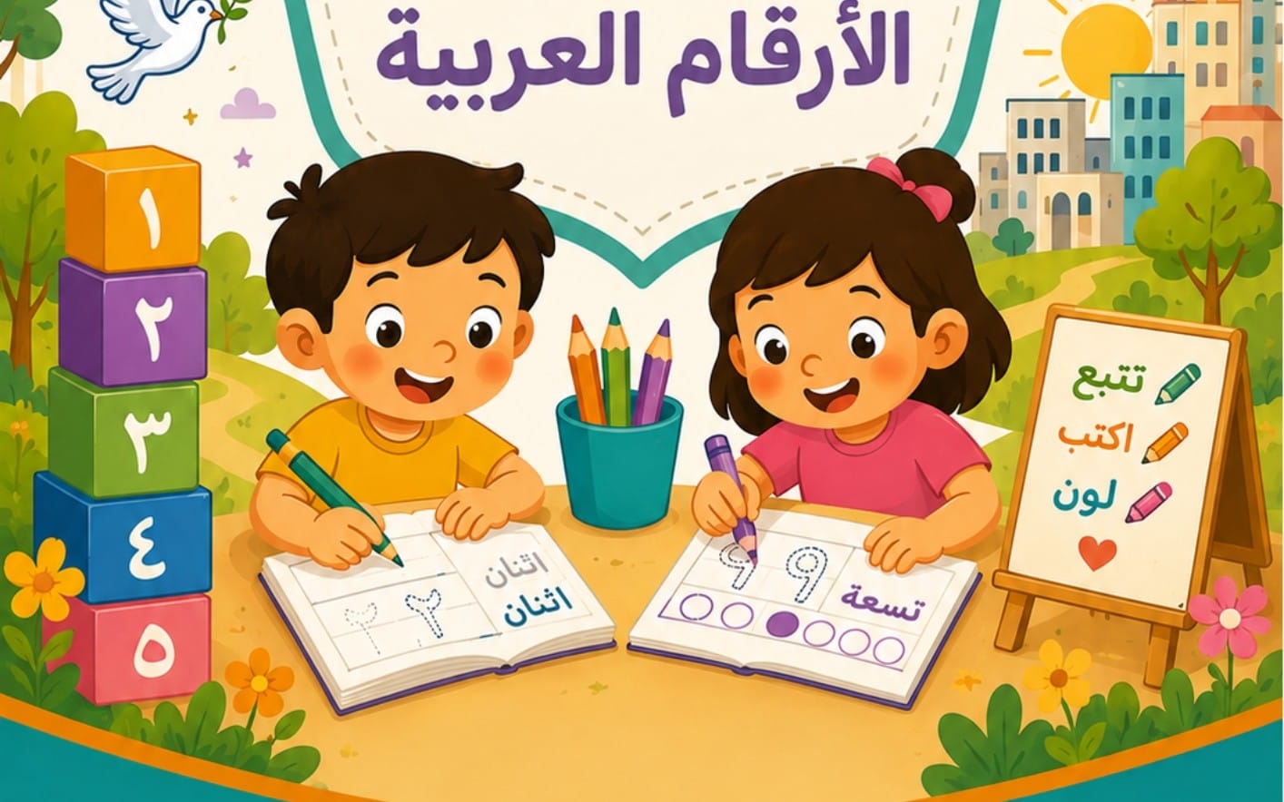 كتابة وتلوين أسماء الأرقام العربية - براعم الأمل