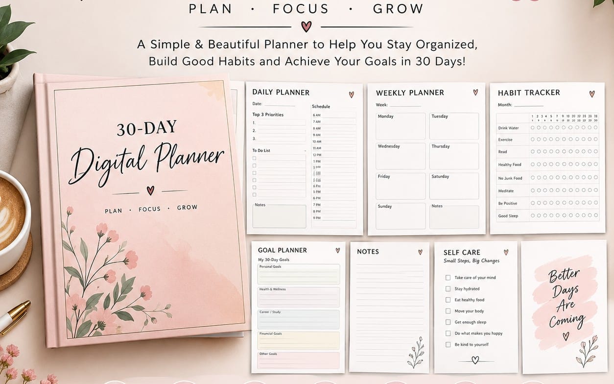 30-day digital planner template layout with daily, weekly, habit tracker, goal planner, and notes pages on a desk