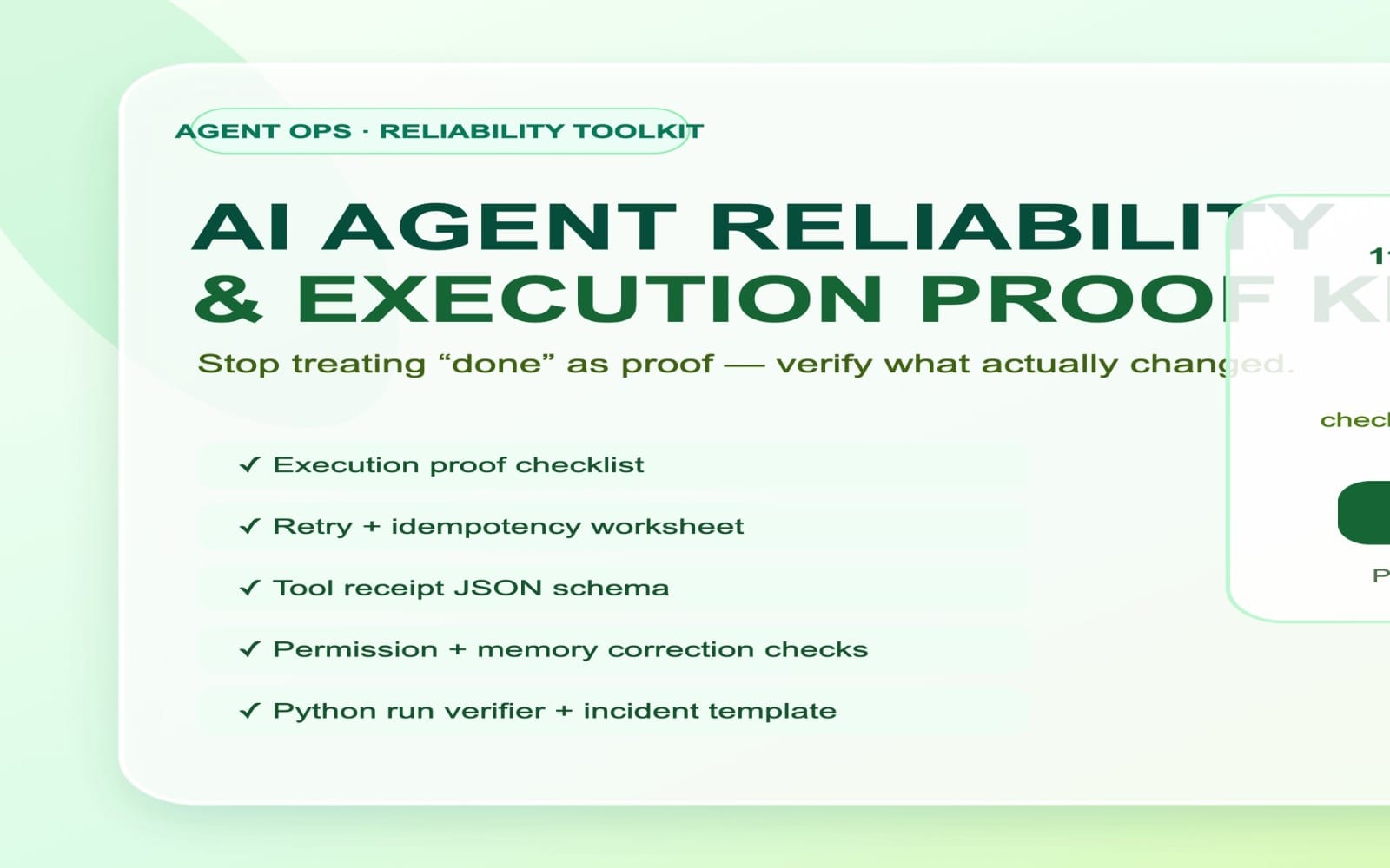 Green slide banner for AI agent reliability and execution proof kit with checklist items and headings