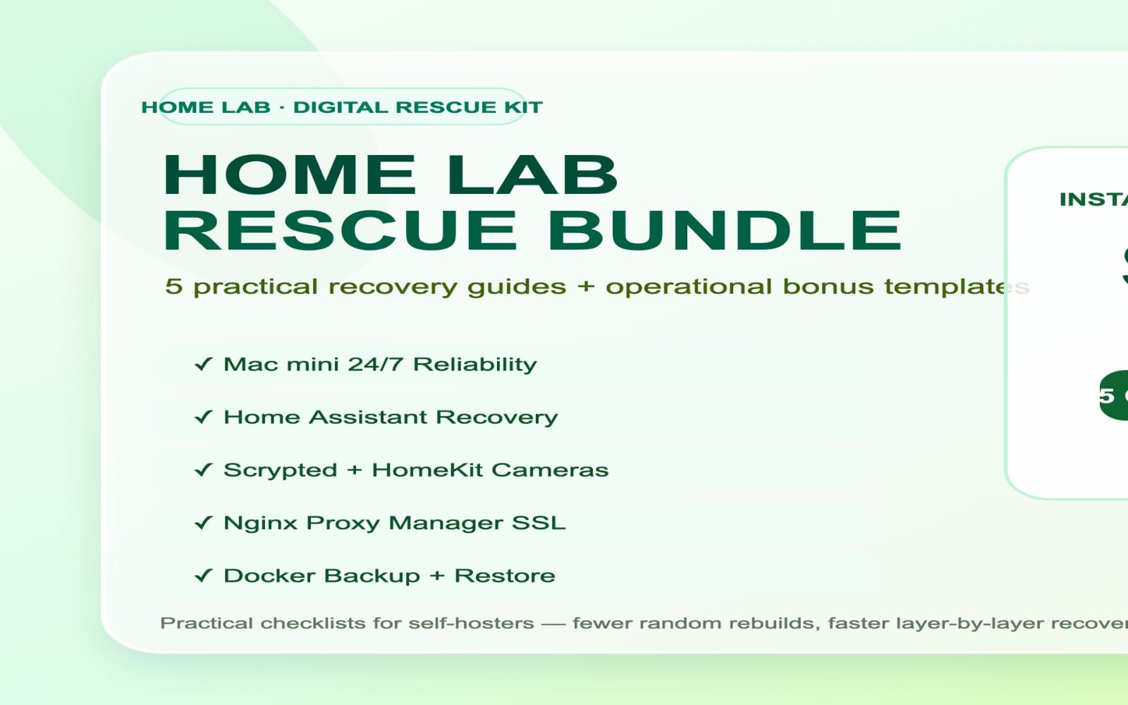 Home Lab Rescue Bundle digital product cover showing 5 recovery guides and bonus templates on a green background