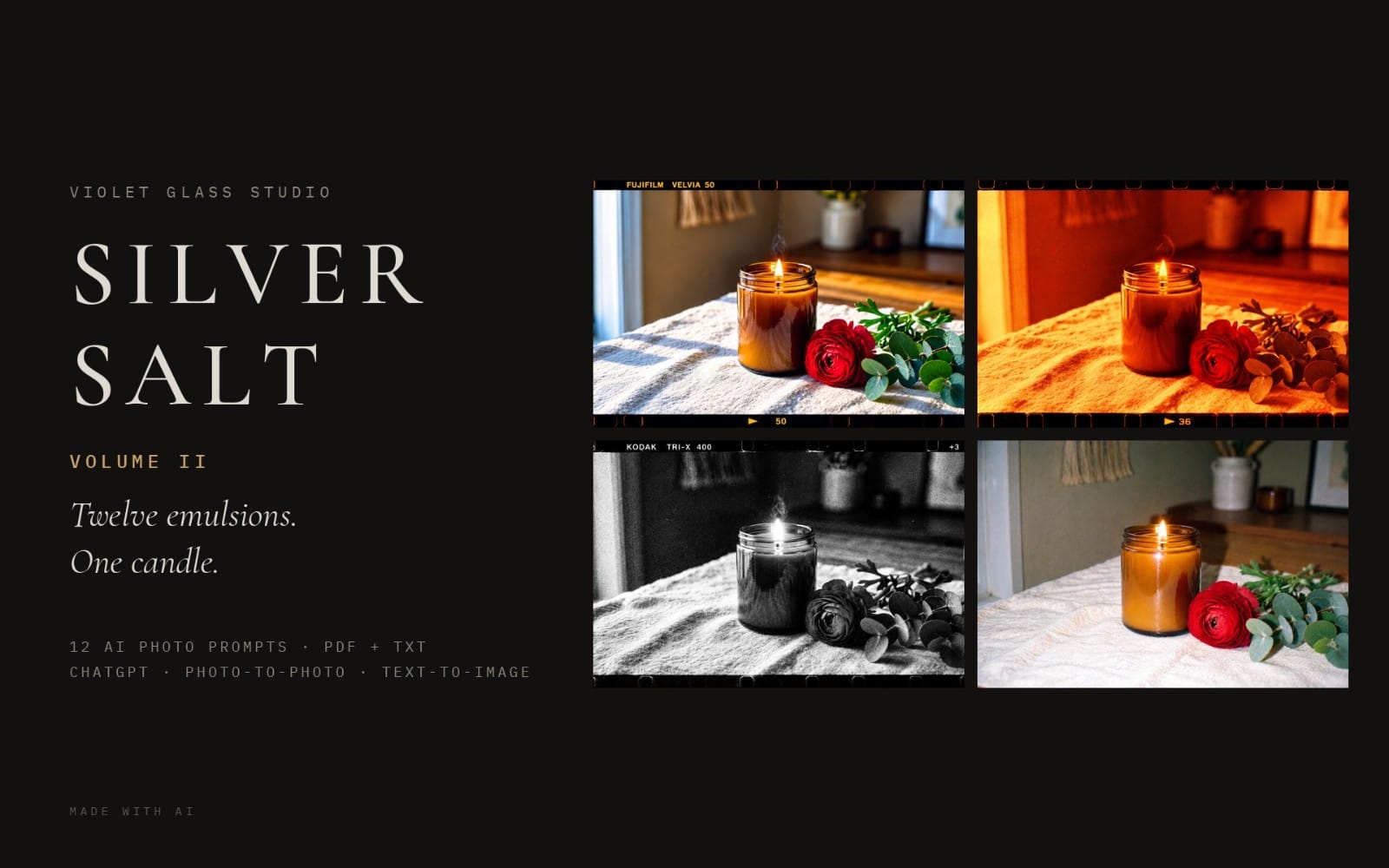 Silver Salt Vol II eBook cover with black-and-white and color film stills of a lit candle and flowers