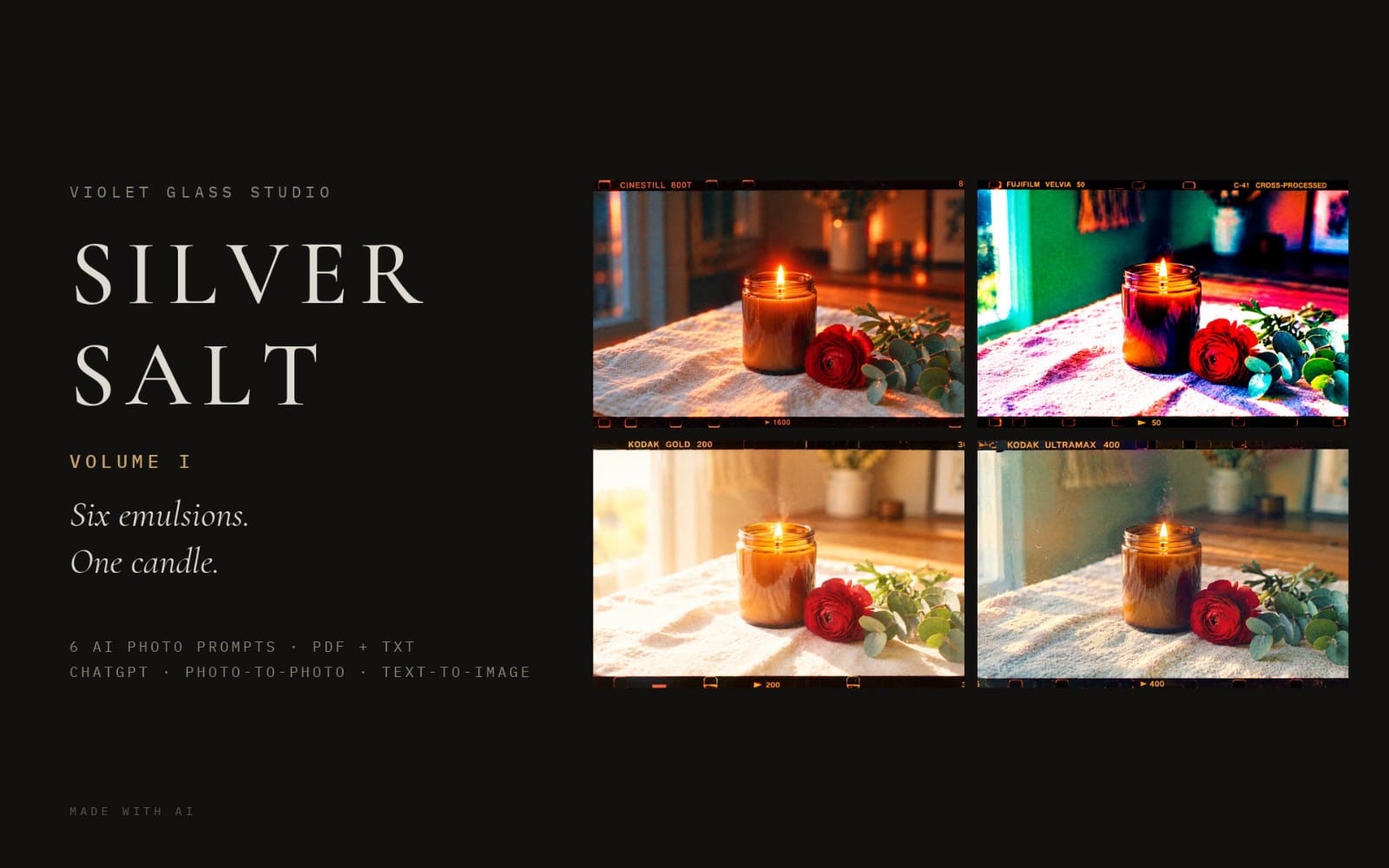Cover for Silver Salt Vol. I AI photo film emulsion pack showing candle stills in four framed panels