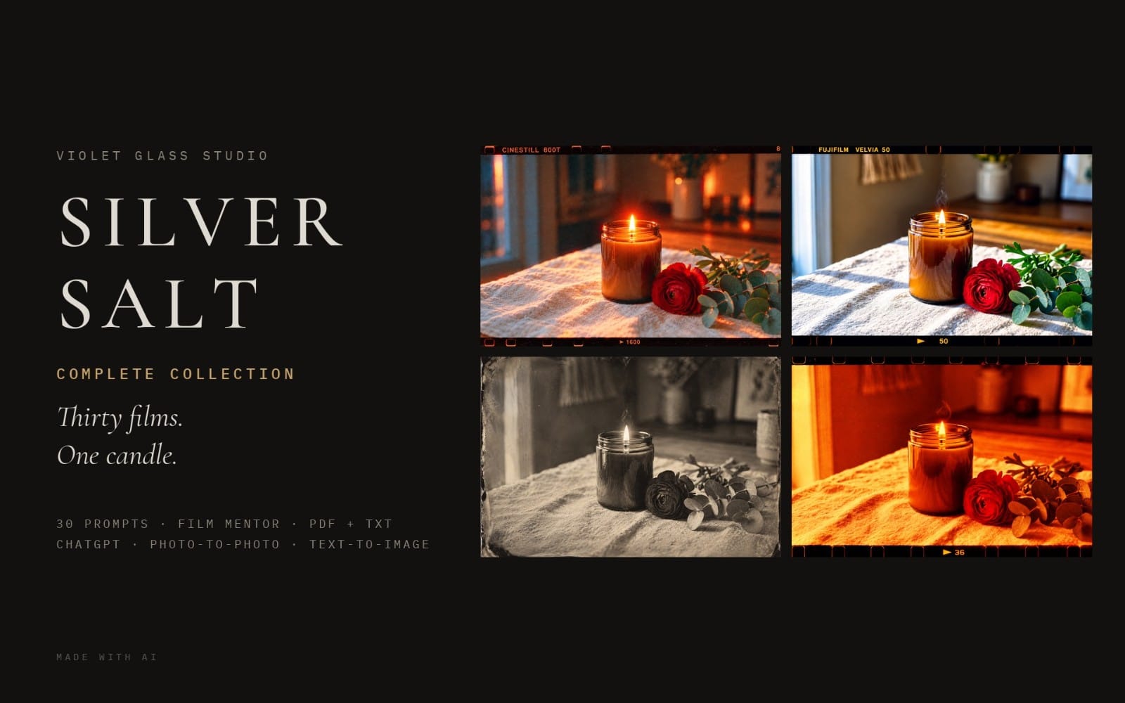 Promotional banner for Silver Salt Complete Collection with four film-frame candle photo look samples