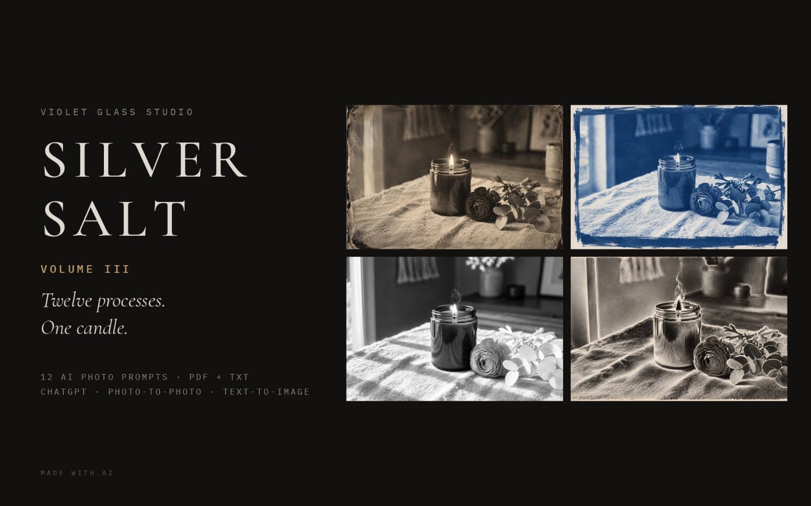 Silver Salt Vol III digital photo prompt pack cover with four candle-and-flowers infrared film style panels and title