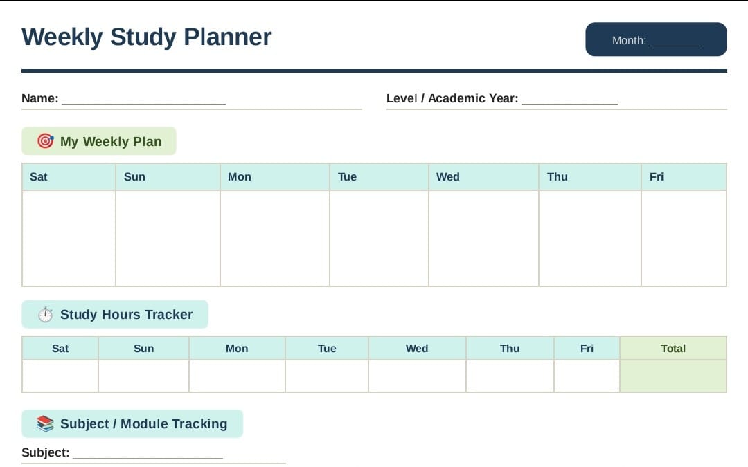 Digital weekly study planner template with calendar grid and study hours tracker sections