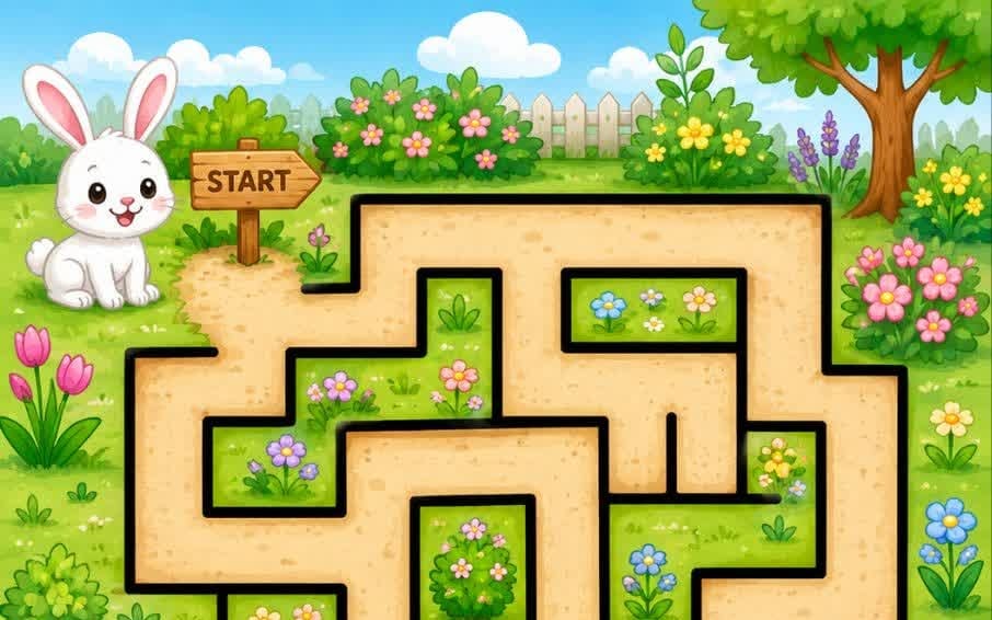 Kids puzzle activity set cover with a bunny mascot, colorful garden background, and maze layout for learning worksheets