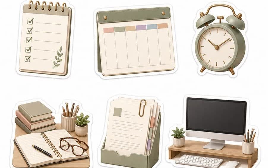 Cute daily life sticker pack featuring planner checklist, calendar, alarm clock, books, and office desk icons