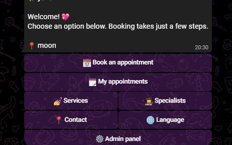 Telegram salon booking bot CRM template UI screenshot with menu options for services, specialists, appointments