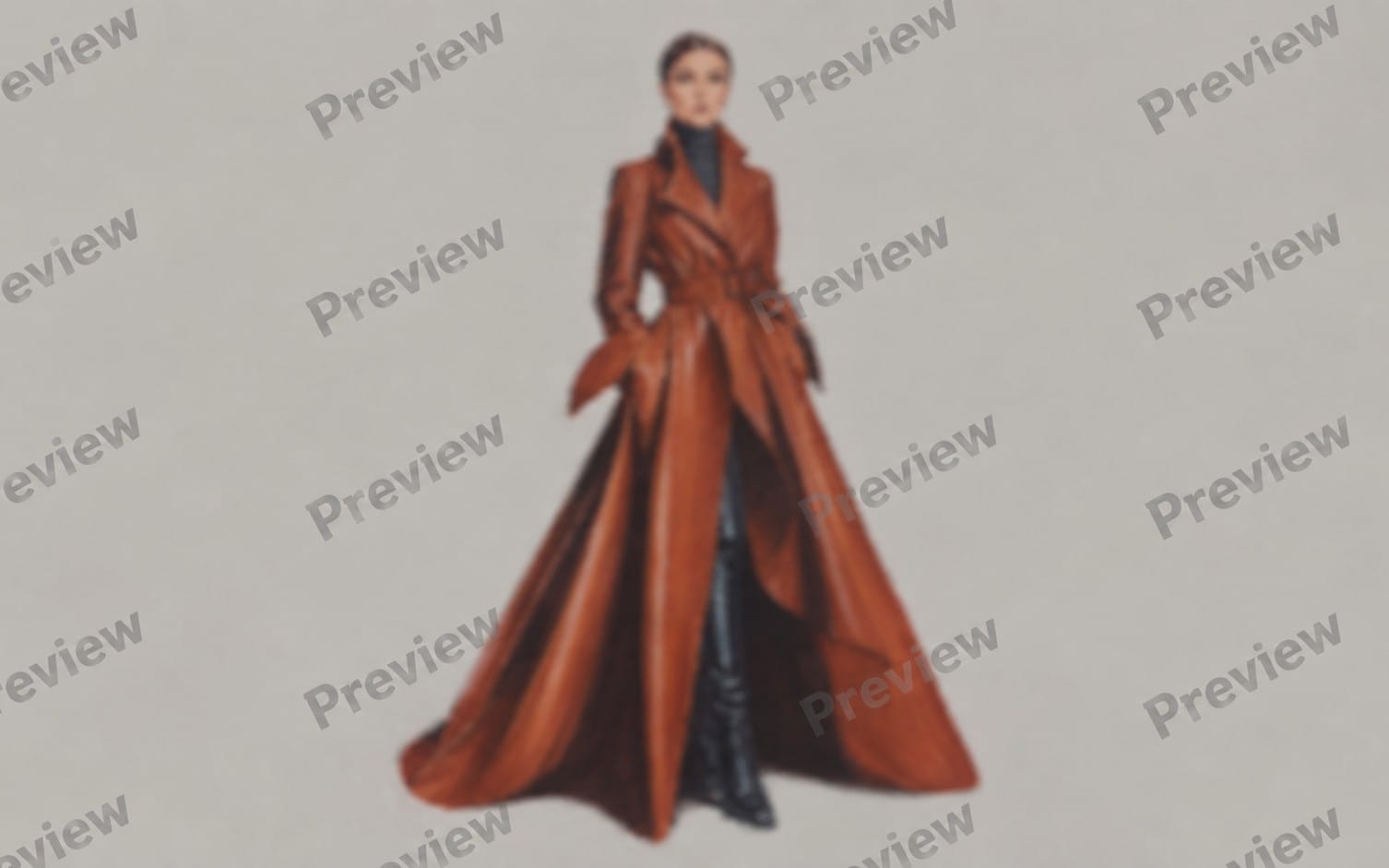 Hand-drawn fashion illustration of a brown leather trench coat worn by a standing model in profile