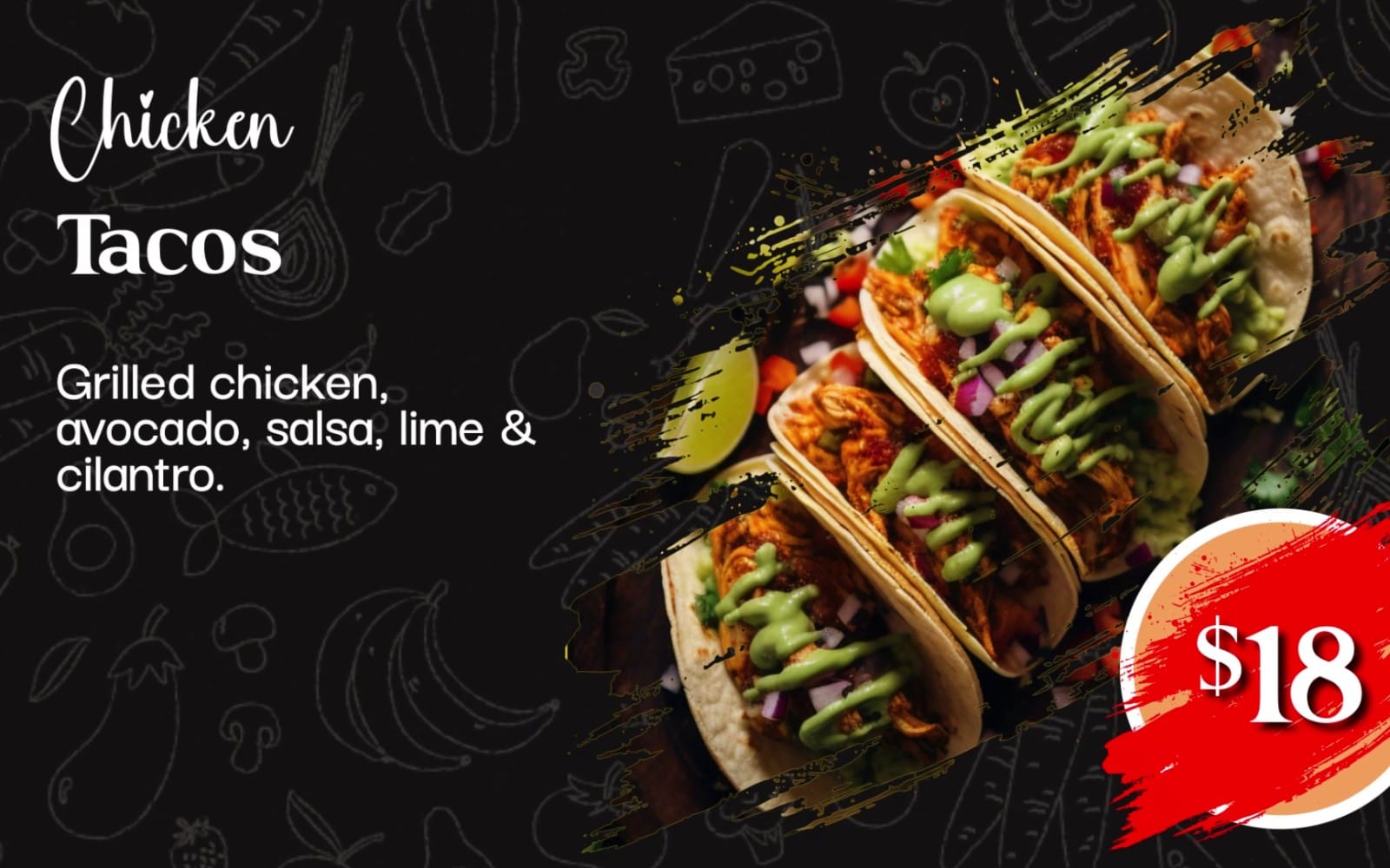Restaurant menu promotional banner showing grilled chicken tacos with price tag on a chalkboard background