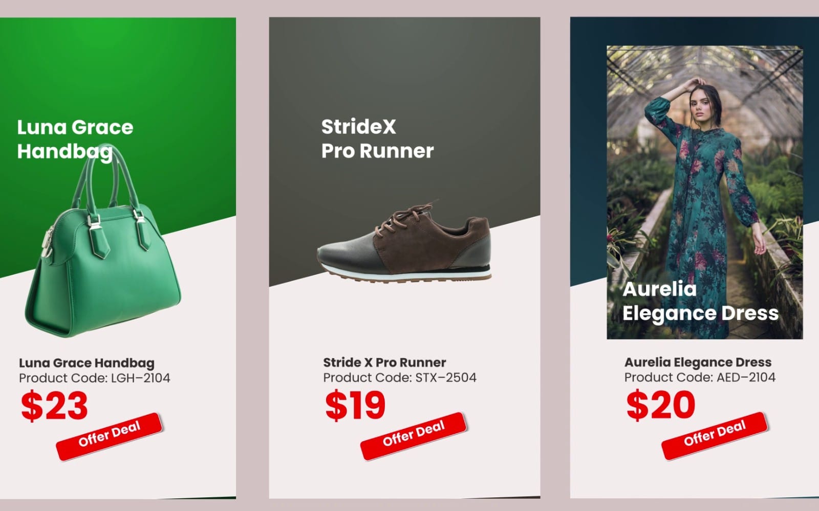 Three-item promo motion graphics poster featuring a handbag, running shoe, and dress with prices and offer buttons
