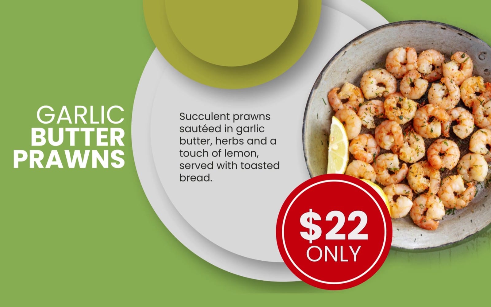 Restaurant menu banner for garlic butter prawns with shrimp plate and $22 only price badge