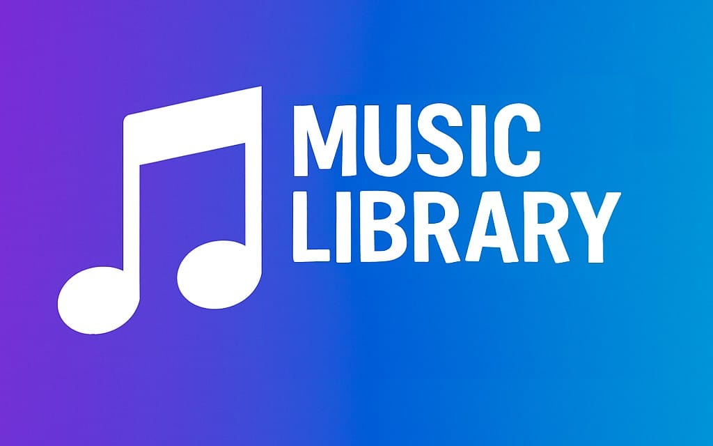 Colorful Music Library logo with large white text and musical note symbol for original production-ready music library