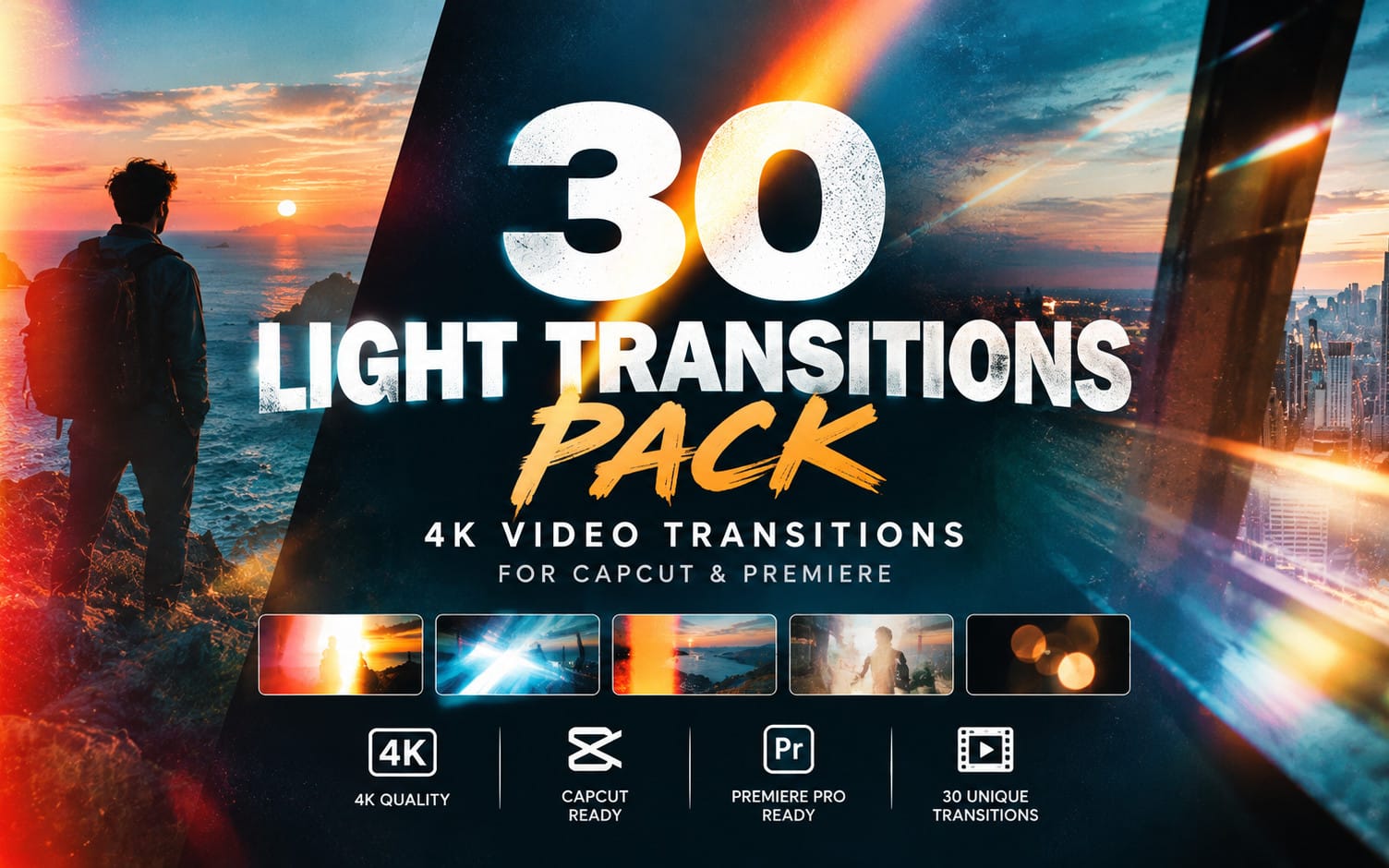 30 Light Transitions Pack — 4K Video Transitions for CapCut & Premiere
