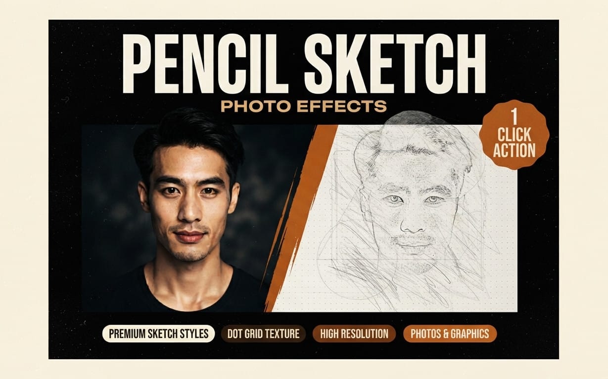 Pencil sketch photo effect PSD banner with portrait, sketch overlay, and text instructions for digital design