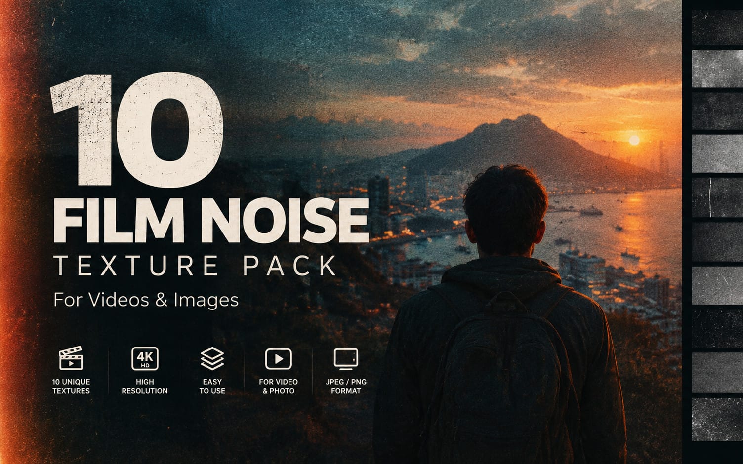 Film noise texture pack cover with sunset cityscape, silhouetted man, and text 10 FILM NOISE