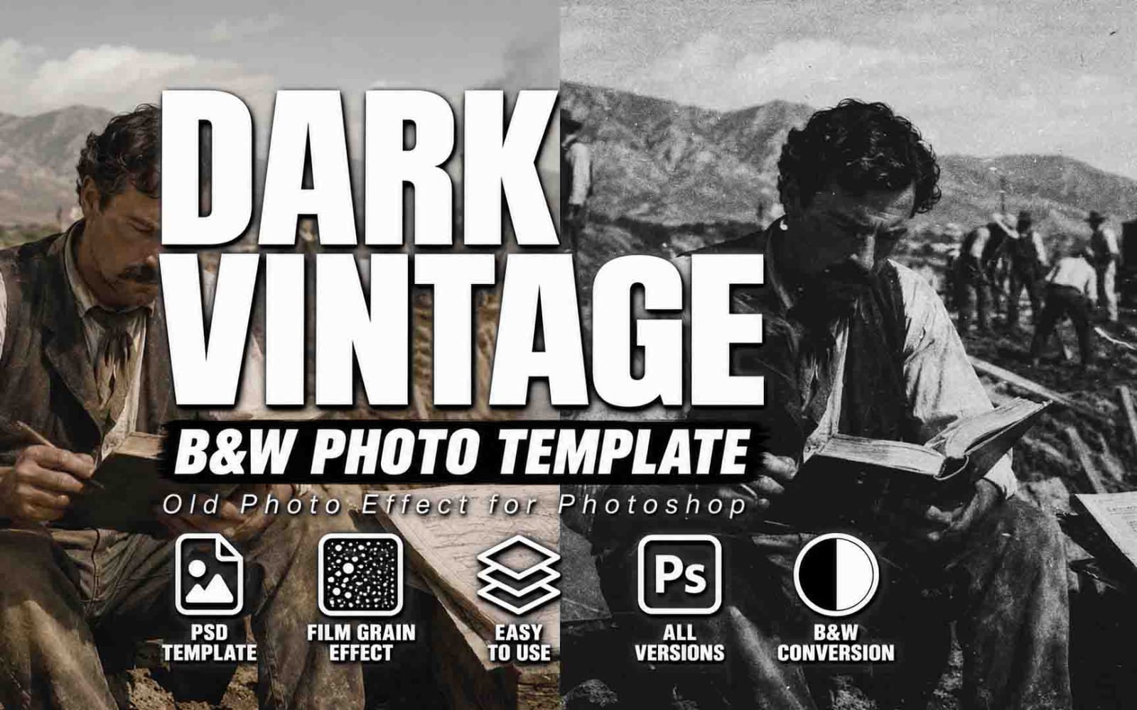 Dark vintage black-and-white Photoshop template banner with old photo effect featuring soldiers on a war landscape