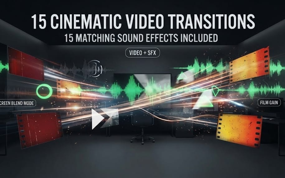 15 Кинематографических видеоро transitions & звуковые эффекты набор
