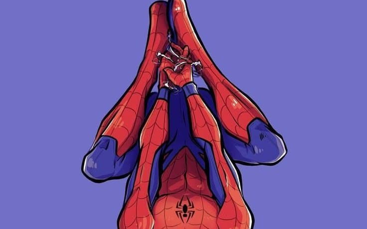 Cute red and blue cartoon spider character digital illustration with web-themed style