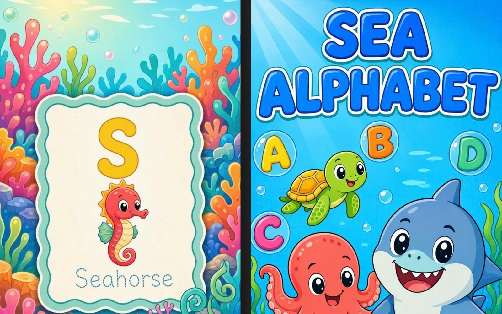 Sea-themed alphabet coloring book PDF cover with A to D letters, sea turtle, seahorse, octopus and shark illustrations