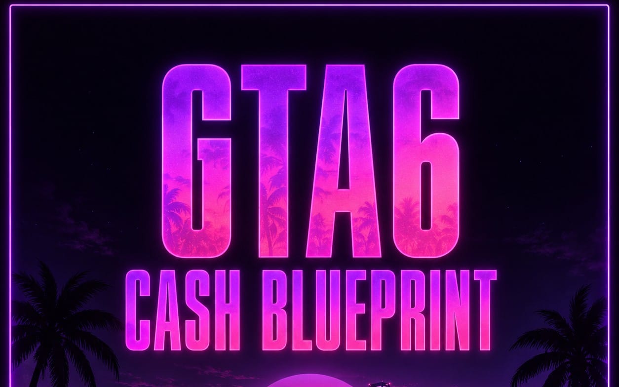 Neon purple GTA6 Cash Blueprint banner with CH6 text and tropical palm silhouettes