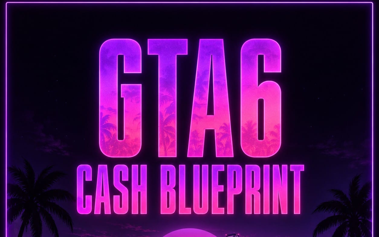 Neon purple GTA6 CASH BLUEPRINT v79 banner with 3D text and tropical palm background