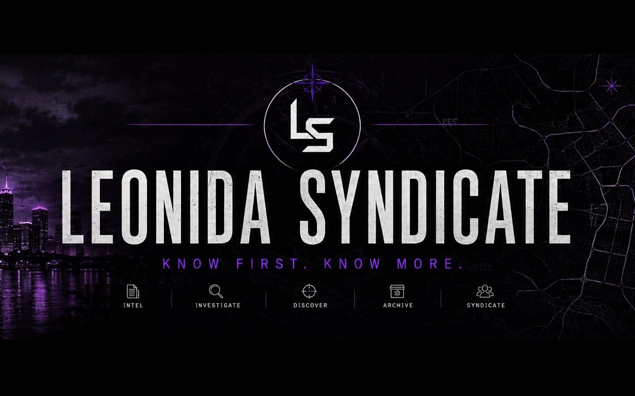 Neon cyberpunk banner for Leonida Syndicate Club with logo, city skyline, and network-style purple graphics