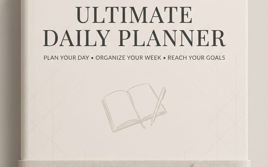Beige cover design for an Ultimate Daily Planner with typography and a notebook and pen icon