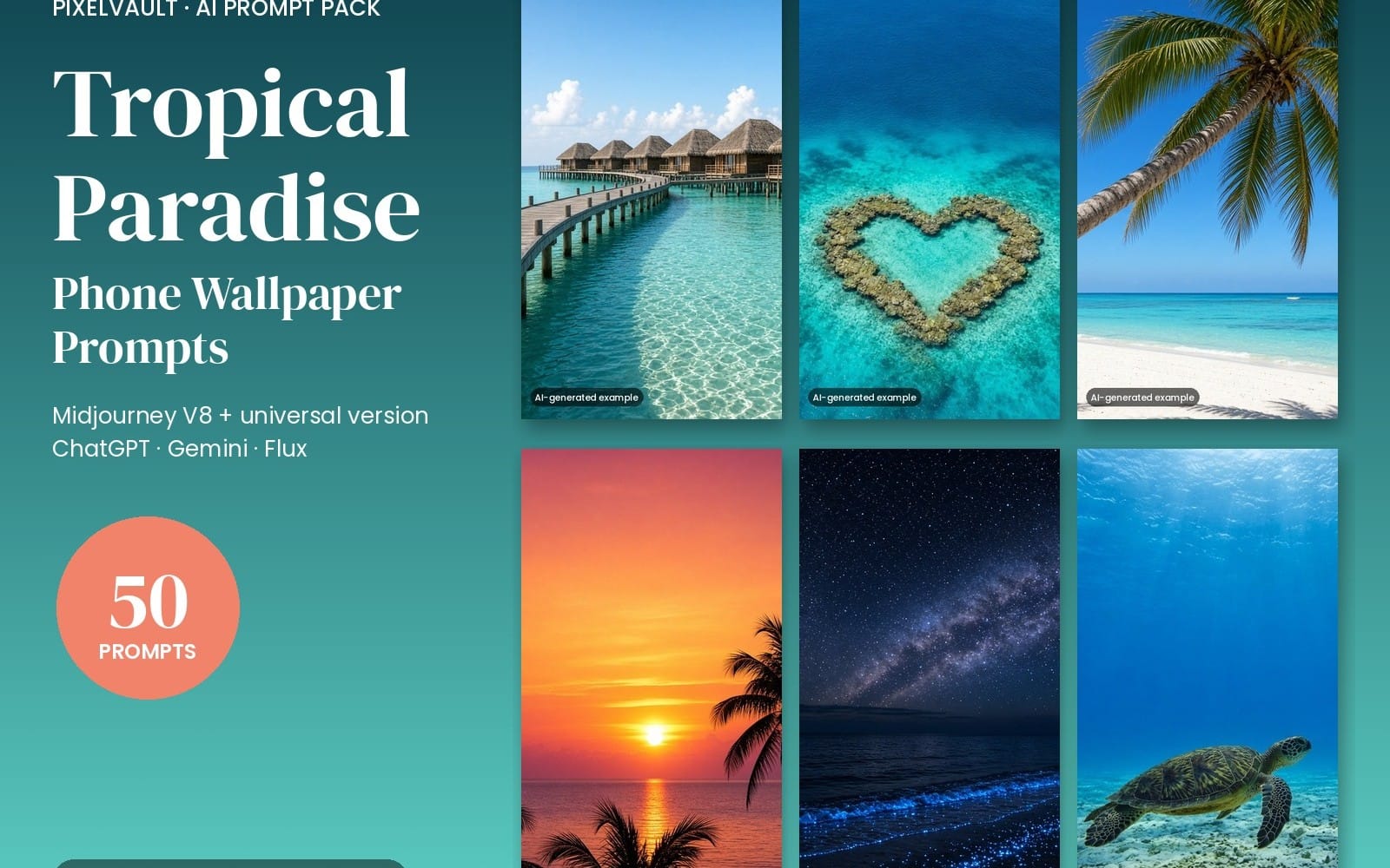 Tropical Paradise phone wallpaper prompt pack with sample images of beaches, palm trees, and ocean hearts