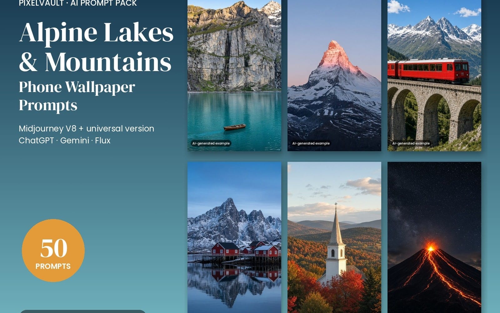 Alpine lakes and mountains phone wallpaper prompt pack cover with four scenic mountain wallpaper preview cards and 50