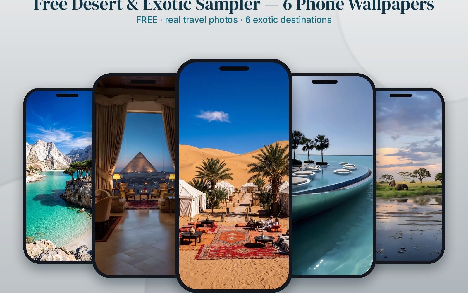 Set of six real travel phone wallpaper previews showing desert dunes, tents, palm views, and a resort pool scene