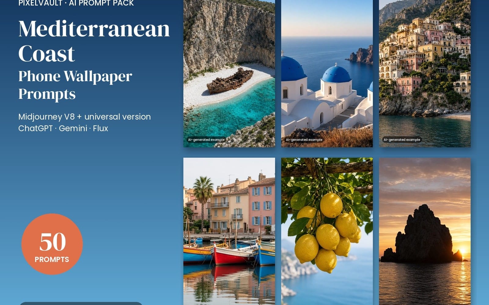 Mediterranean Coast phone wallpaper prompt pack with example photos of sea coves, Greek churches, towns, lemons