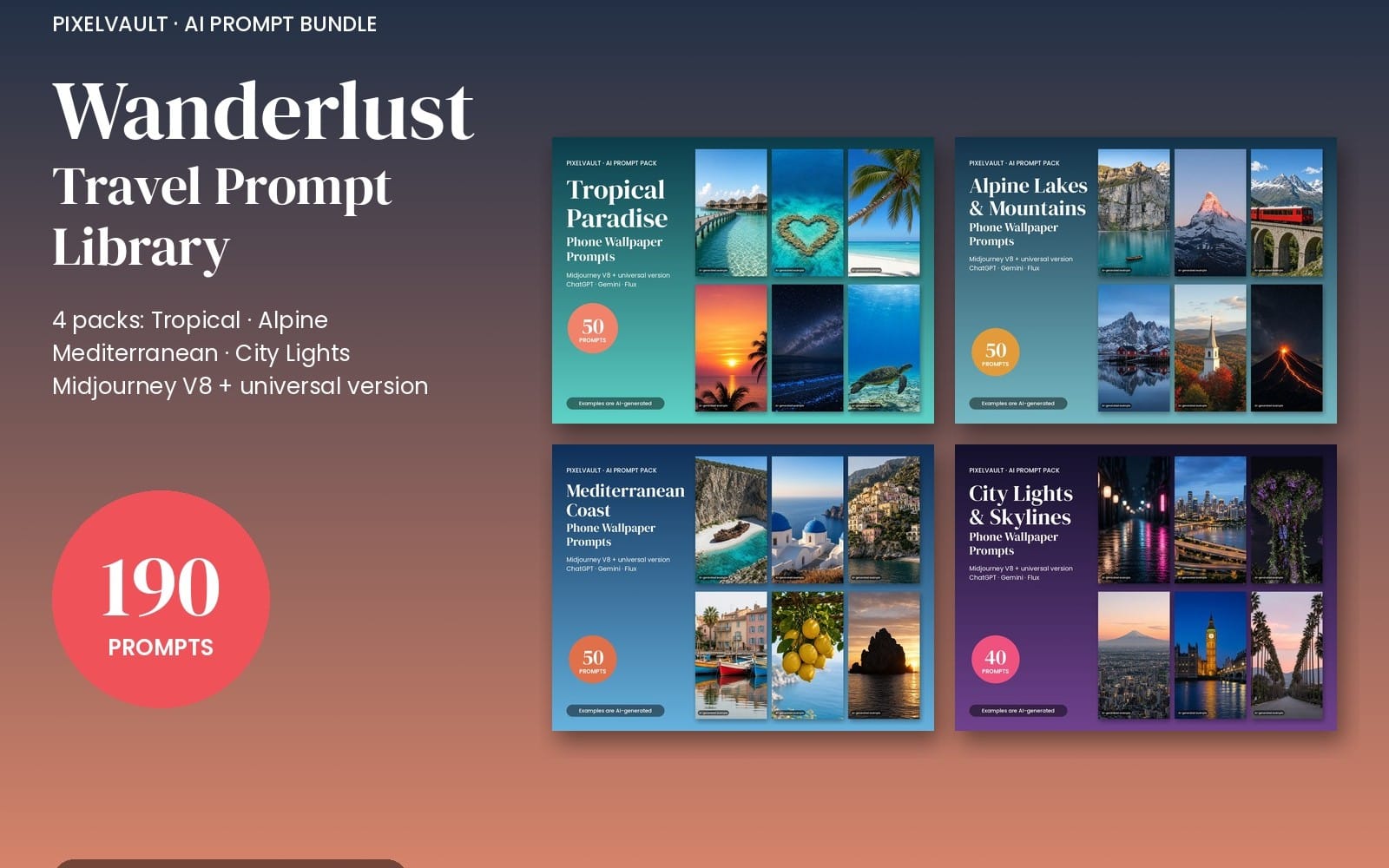 Wanderlust travel AI prompt bundle cover with four themed packs and phone wallpaper prompt previews