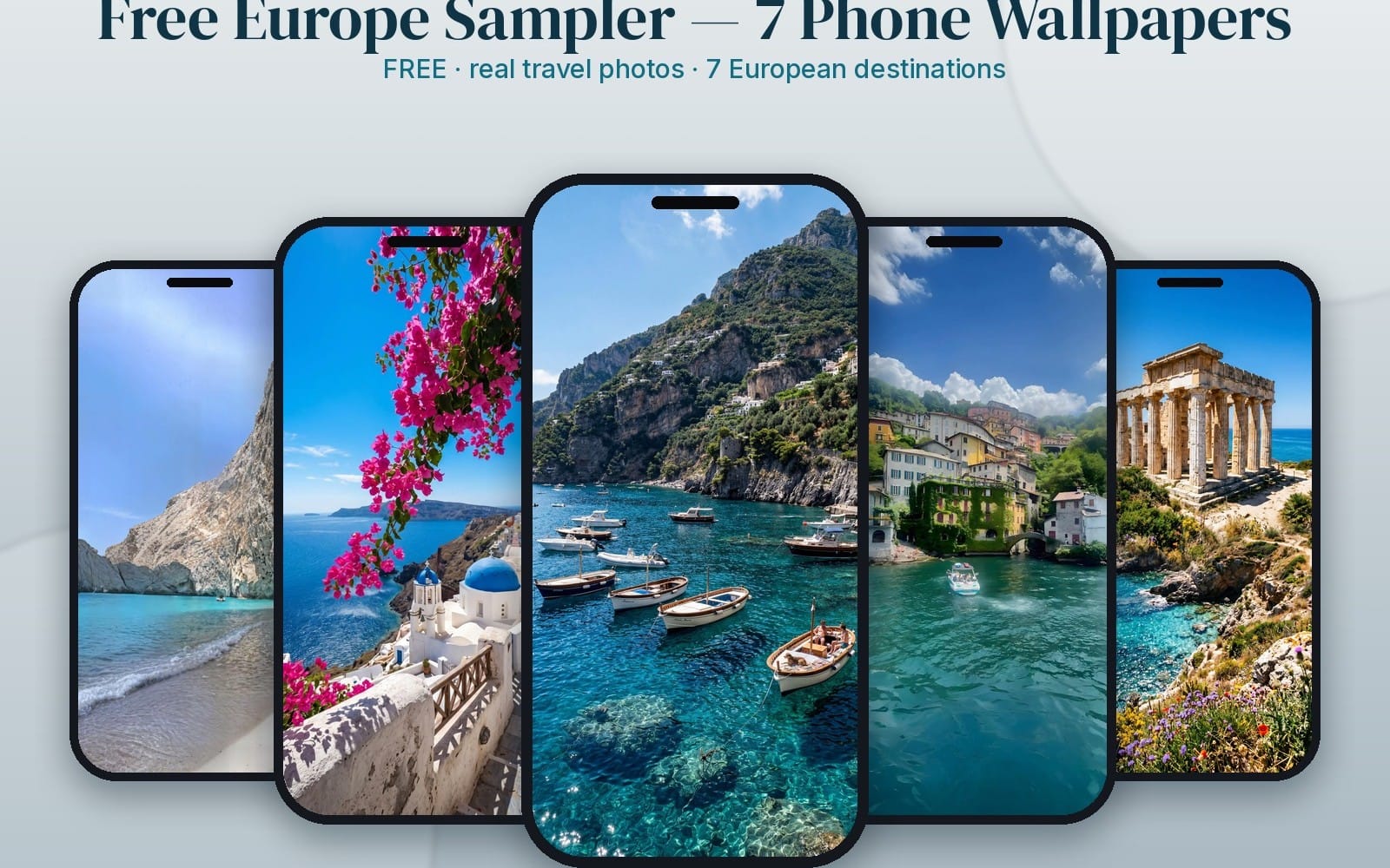 Set of seven European travel photo phone wallpapers displayed on iPhone and Android lock screen mockups