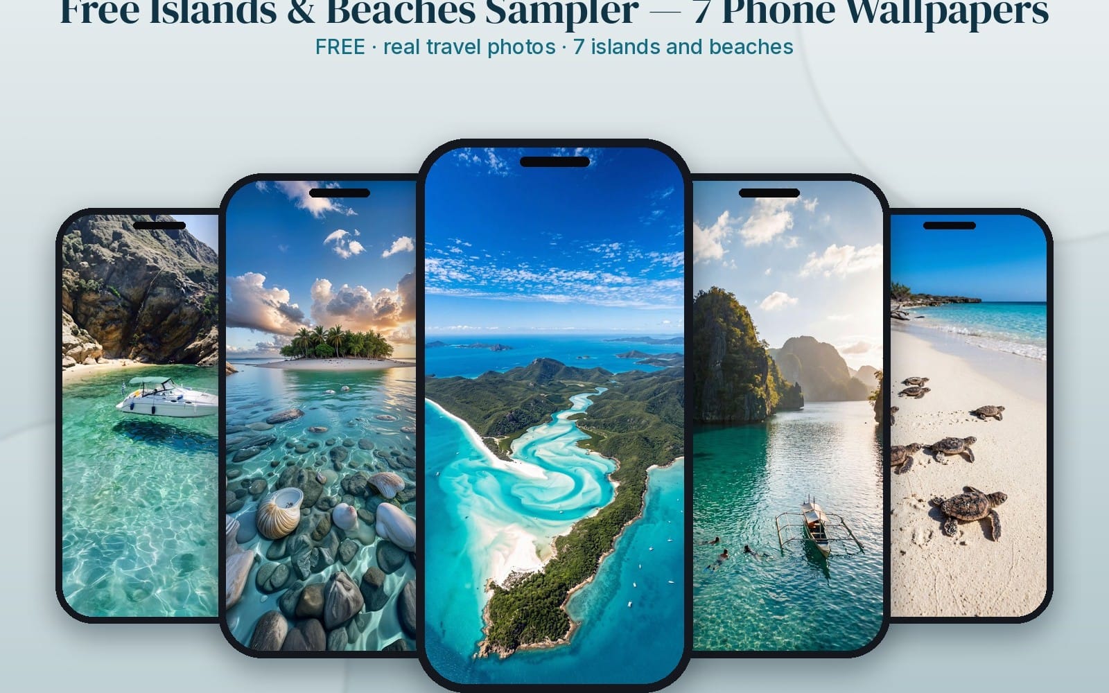 Set of seven island and beach travel photo phone wallpapers shown on iPhone and Android lock screens