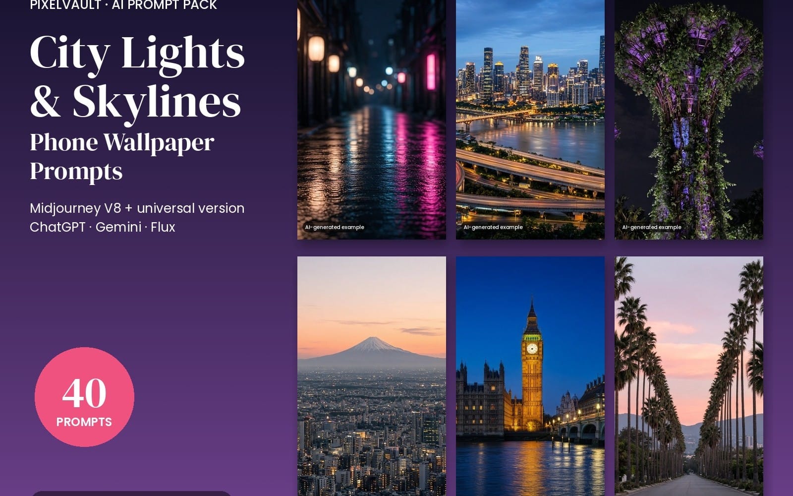 Set of cityscape phone wallpaper prompt examples with neon lights, skyscrapers, and skyline views for AI