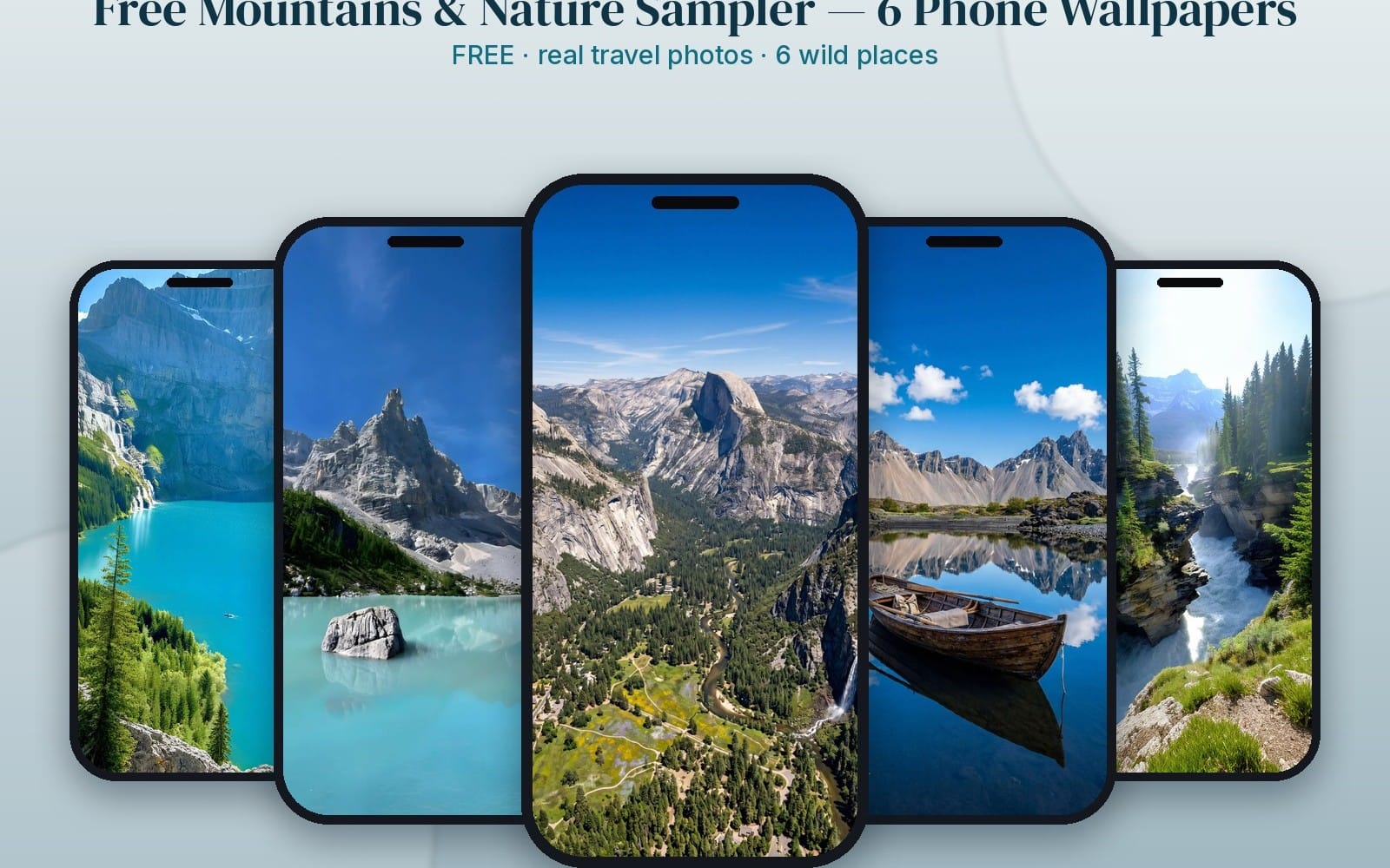 Six phone lock screen wallpapers featuring real mountains and nature travel scenery preview for iPhone and Android