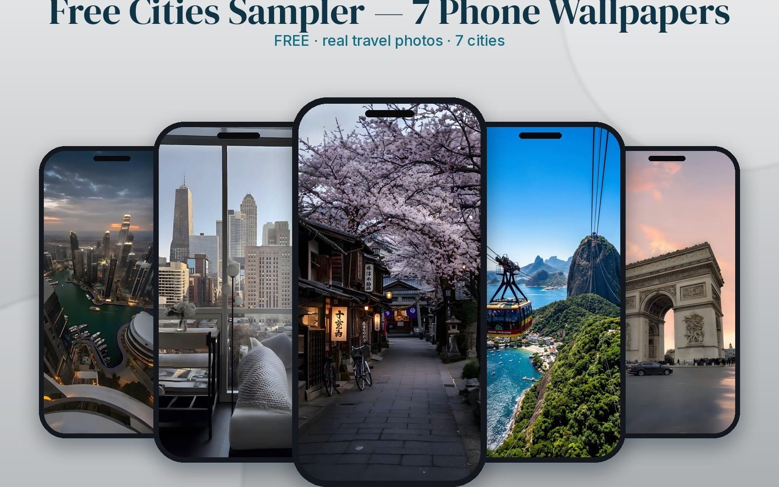 Set of seven real travel city photos shown on smartphone wallpaper mockups for iPhone and Android lock screens