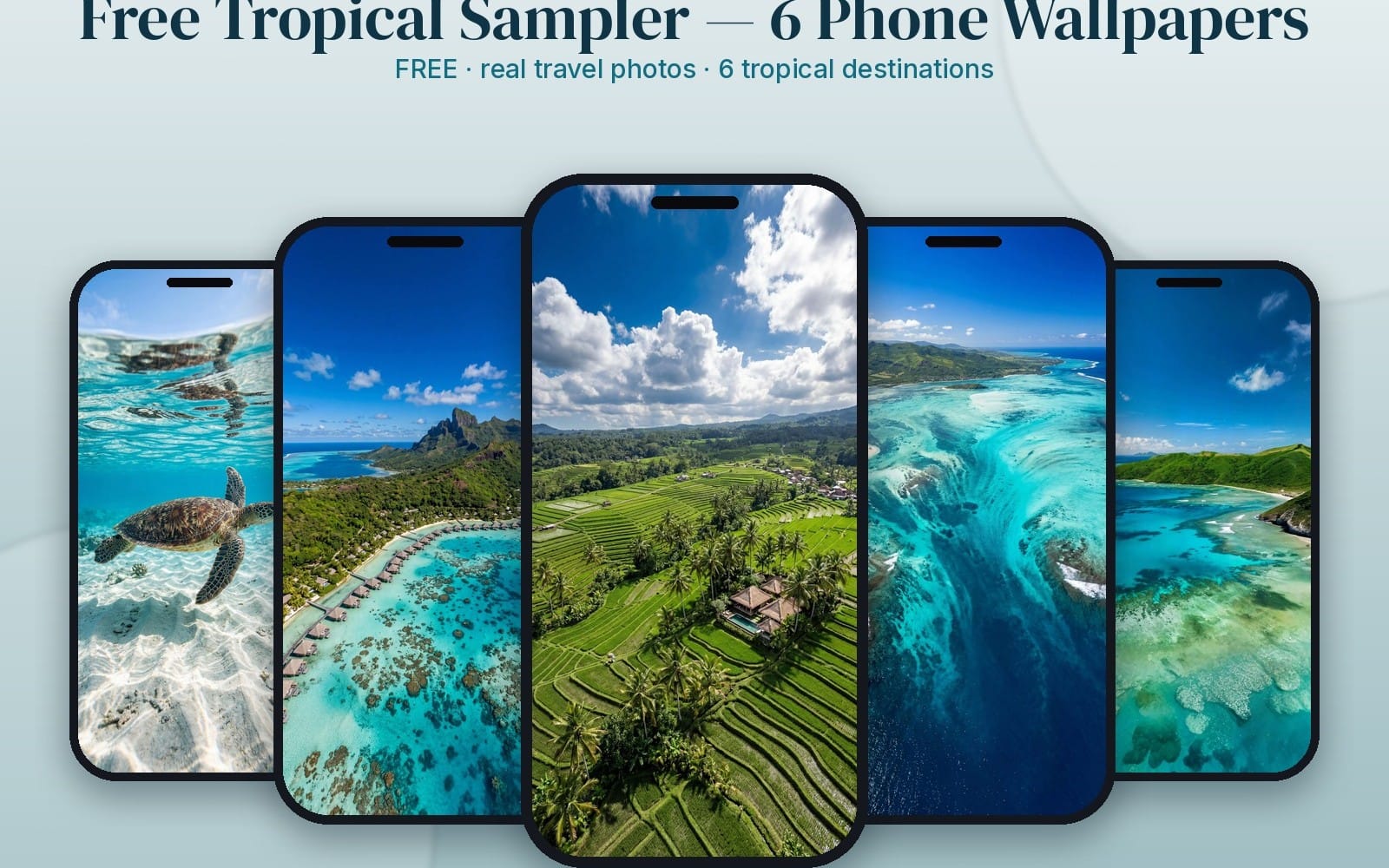 Set of six tropical travel phone lock screen wallpaper previews with ocean, beaches, and landscapes on phone mockups