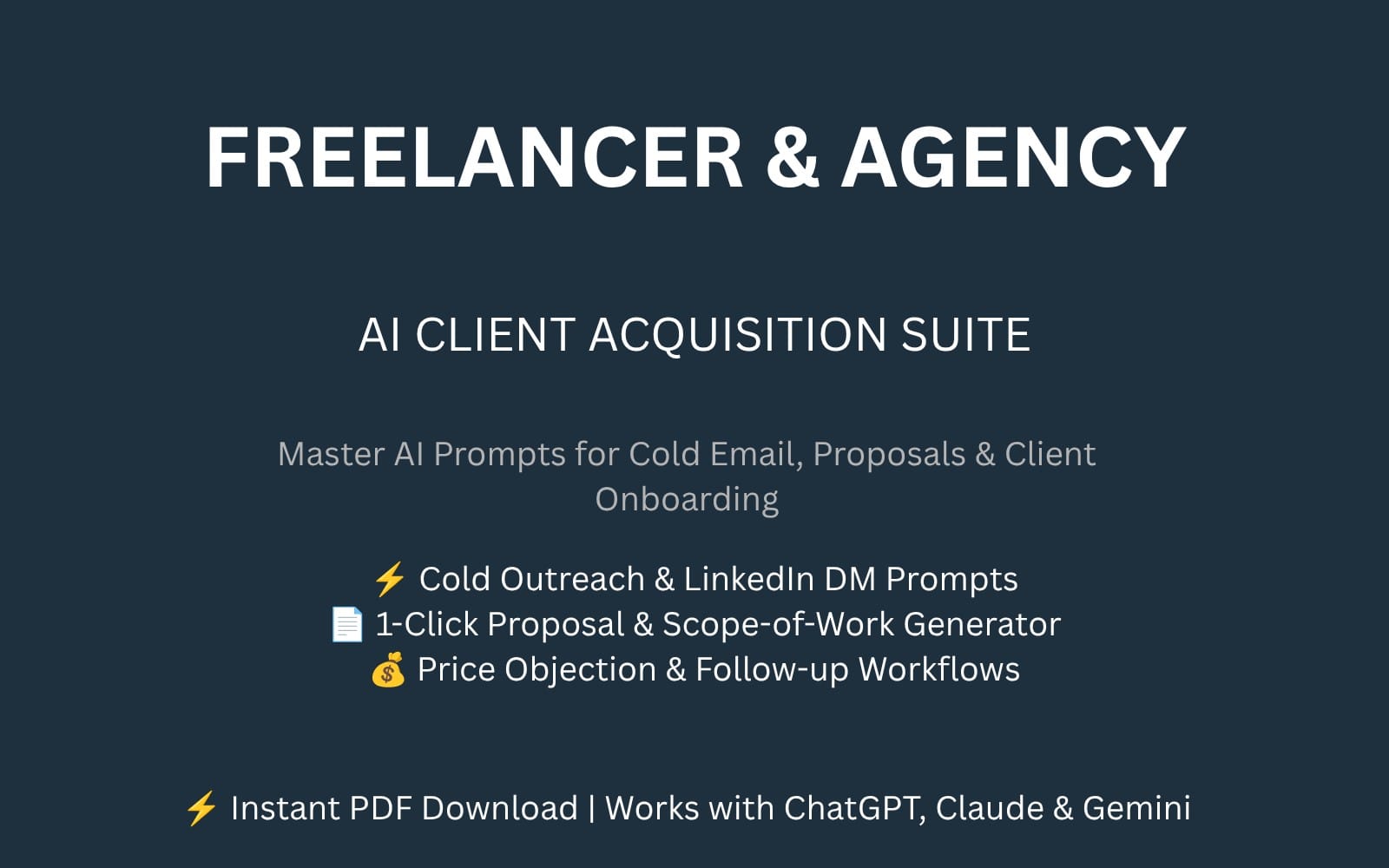 Freelancer agency AI client acquisition suite promotional graphic with prompt tool highlights and download text
