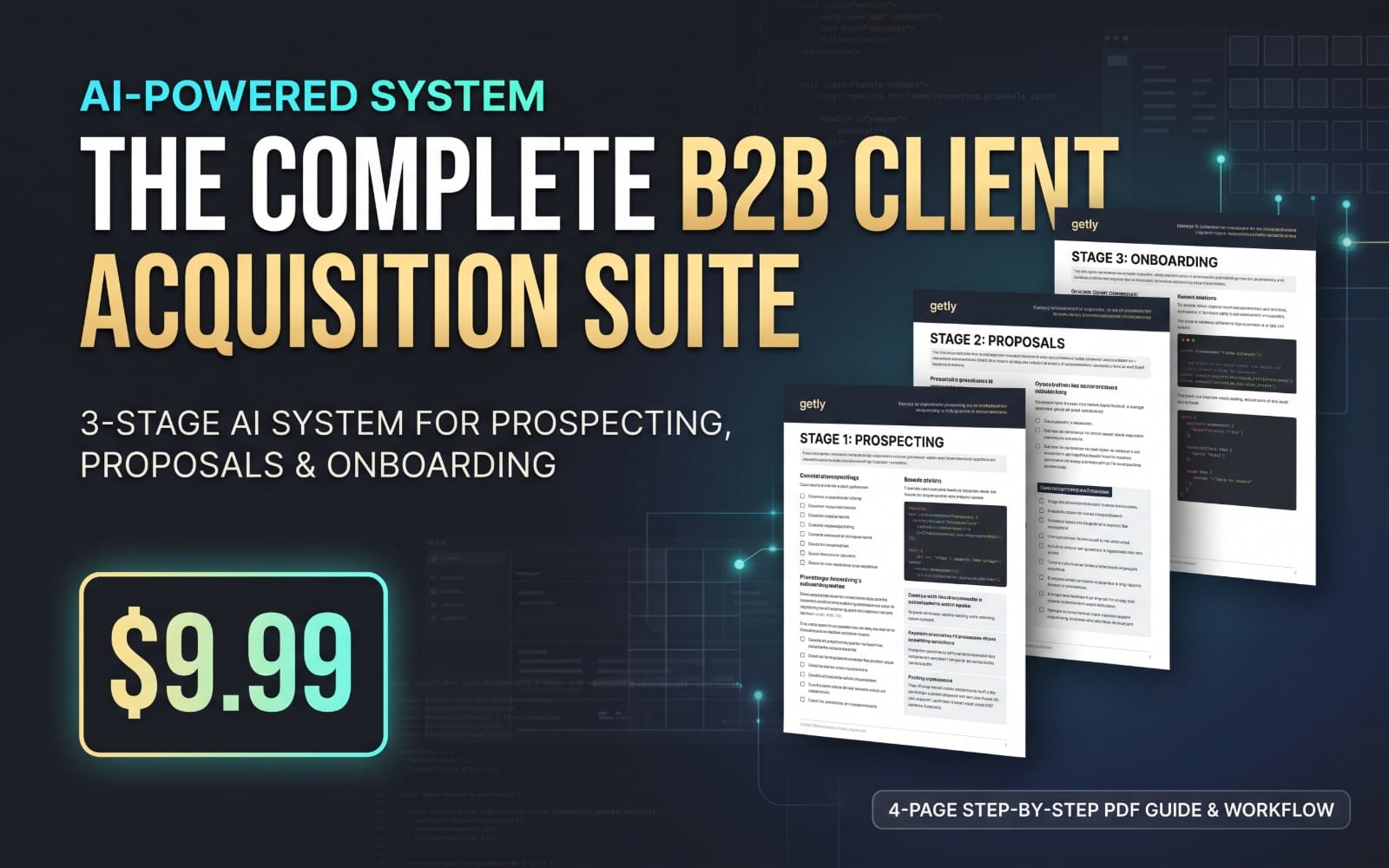 AI-powered B2B client acquisition suite marketing banner with three-stage workflow and PDF guide preview