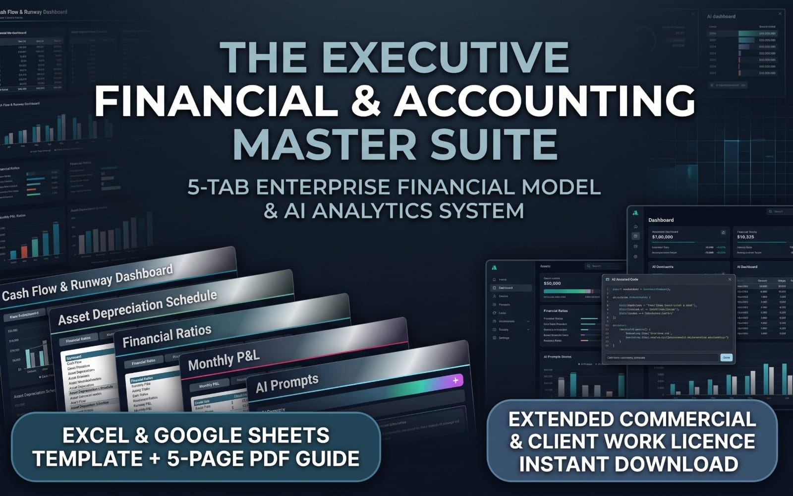 Promotional banner for an executive financial accounting master suite spreadsheet with 5-tab model and AI analytics